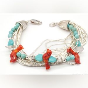 Carolyn Pollack Turquoise Coral Quartz Beaded Sterling Silver Bracelet